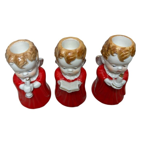 Vintage Christmas Choir Boy Angel Candleholders Japan Set of 3 Red - Picture 2 of 6
